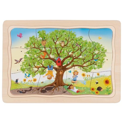 Children's puzzle with a tree and various elements on a white background