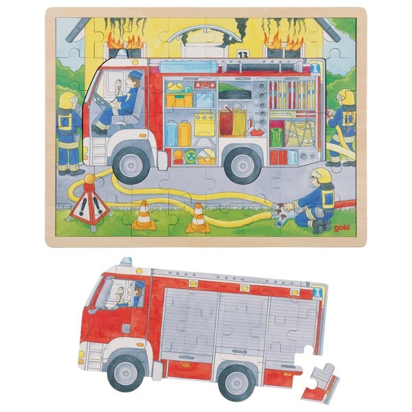 Fire truck puzzle with pieces assembled on a white background