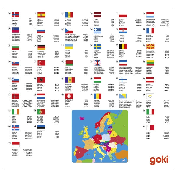 Educational chart with European flags and map, featuring the brand 'goki'.