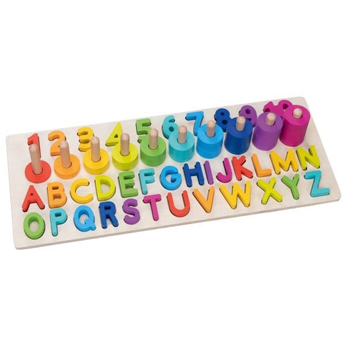 Colorful wooden alphabet and number puzzle on a white background