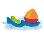 Colorful toy sailboat and fish on a watercolor wave background