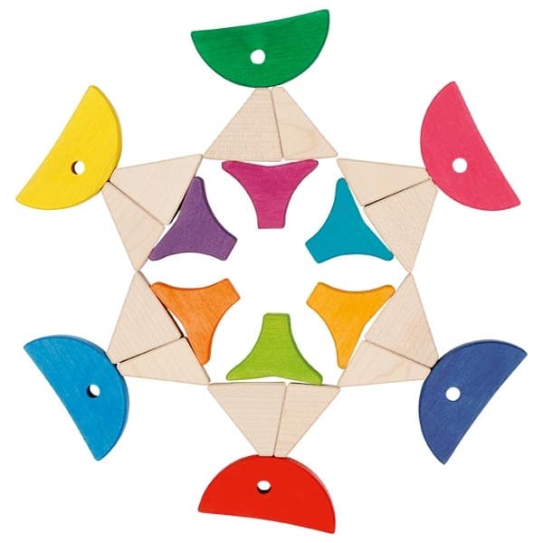 Colorful geometric wooden puzzle on a white background