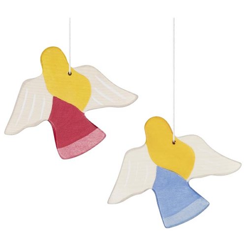 Two colorful angel decorations with wings and different colored dresses on a white background.