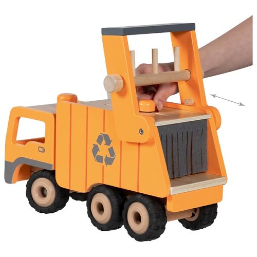Wooden toy garbage truck with a hand pushing it, on a white background