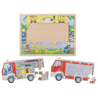 Wooden puzzle with fire truck design on a white background