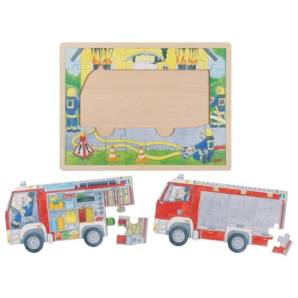 Wooden puzzle with fire truck design on a white background