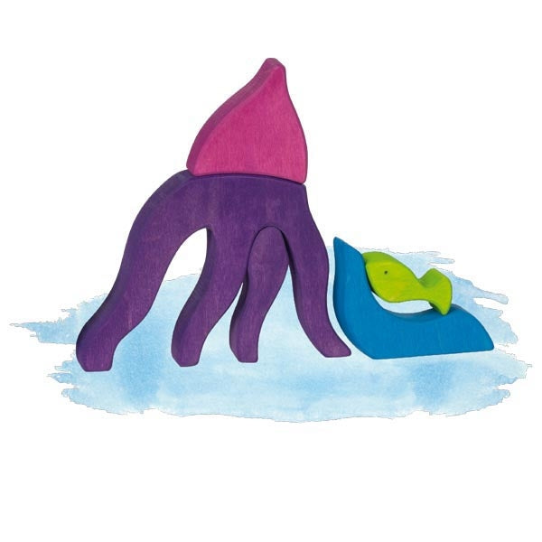 Illustration of a purple octopus with a blue raft and green fish on a white background