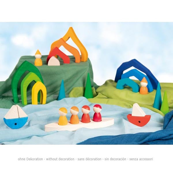Colorful wooden toy set with arches, boats, and figures on a blue background