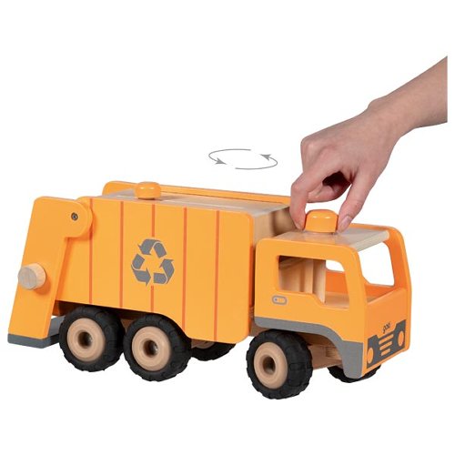 Wooden toy garbage truck with a hand pushing the lid open on a white background