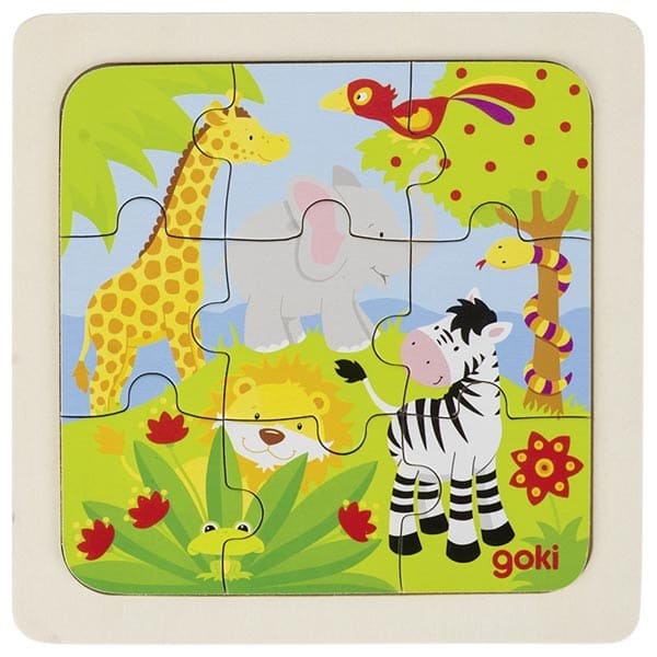 Children's puzzle with cartoon animals on a colorful background, featuring the brand 'goki'.