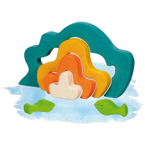 Wooden toy with colorful arches and fish on a white background