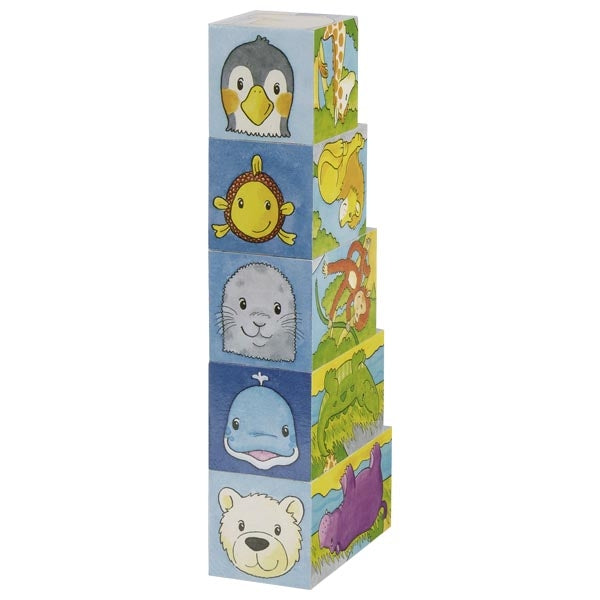Stack of colorful children's blocks with animal illustrations on a white background
