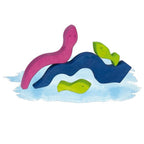 Wooden toy figures of a pink snake, blue alligator, and green frogs on a white background with watercolor effect.