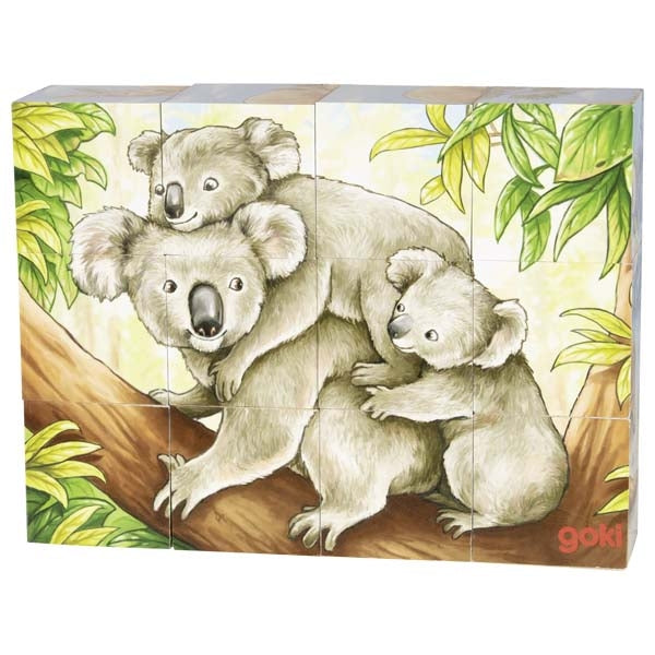 Three koalas on a branch with leaves in the background, featuring the brand 'Goki'.