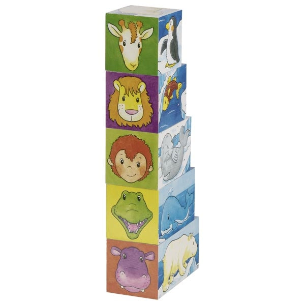 Stack of colorful children's blocks with animal illustrations on a white background
