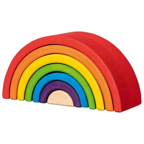 Colorful wooden rainbow toy on a white background