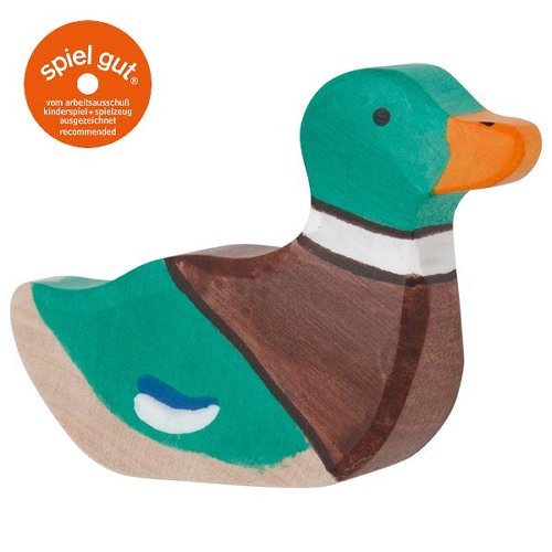 Wooden duck toy with 'spiel gut' logo on a white background