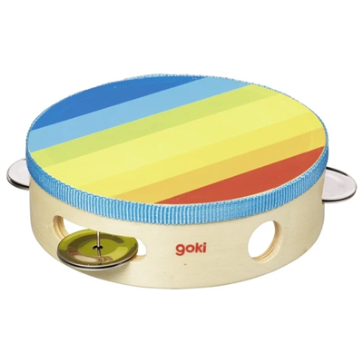 Colorful tambourine with a striped pattern on a white background