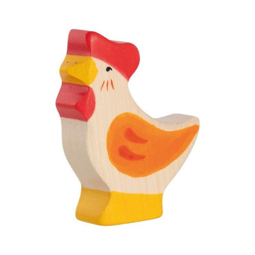 Wooden toy chicken with red comb and yellow beak on a white background