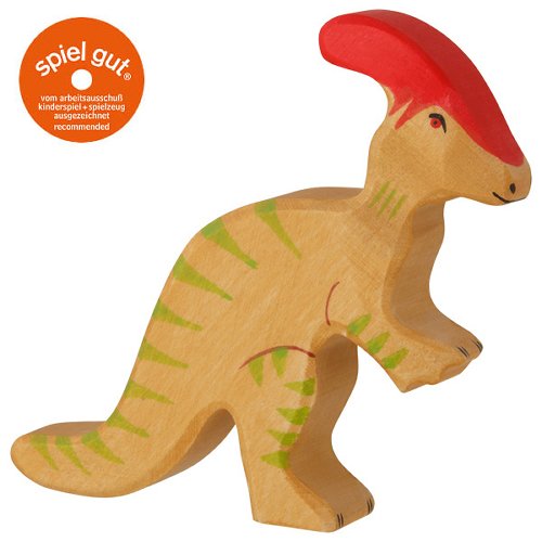 Wooden dinosaur toy with a red helmet on a white background, featuring the 'spiel gut' logo.