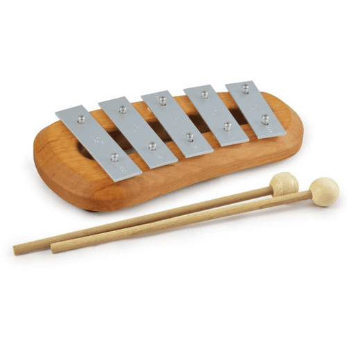 Wooden xylophone with metal bars and two mallets on a white background