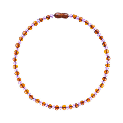 Necklace with alternating brown and purple beads on a white background