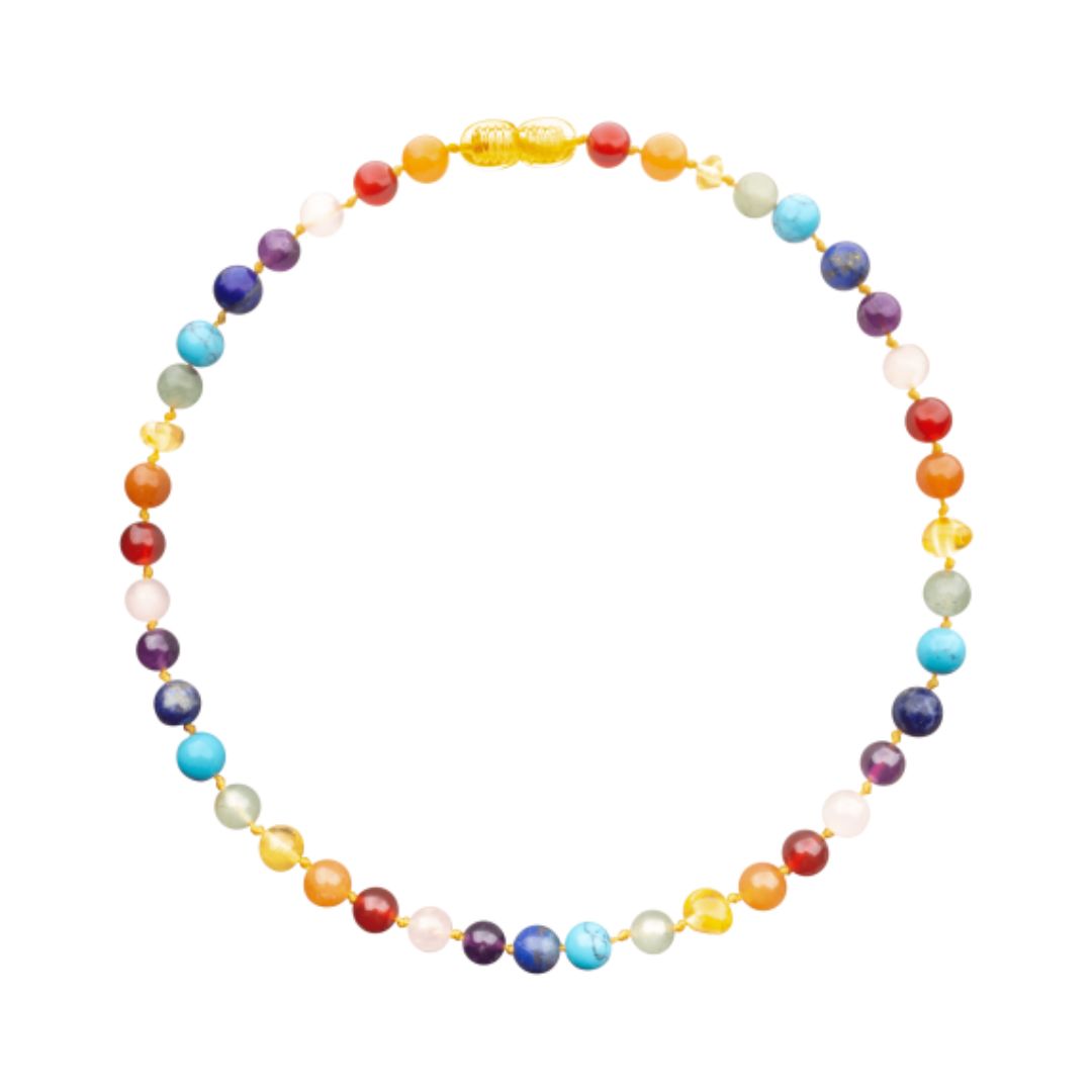 Colorful beaded necklace on a white background