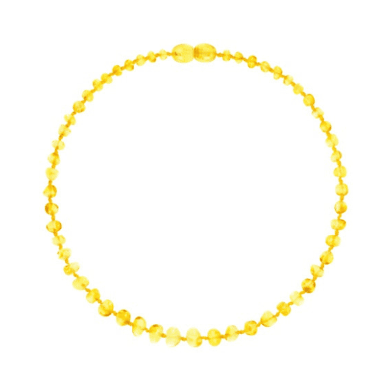 Yellow beaded amber necklace on a white background