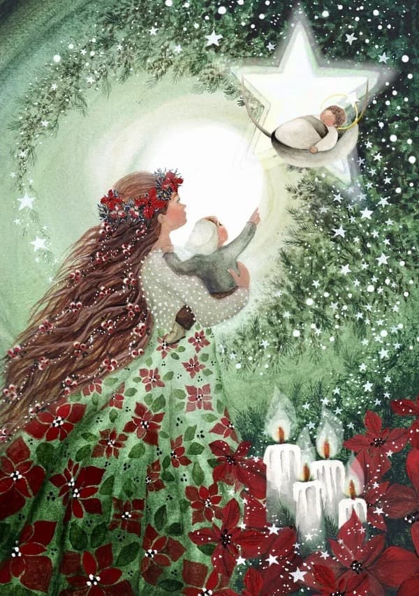 Illustrated postcard depicting a person reaching for a star with Christmas elements such as poinsettias and candles.