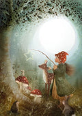 Illustration of a child with a deer and fairy in a forest setting
