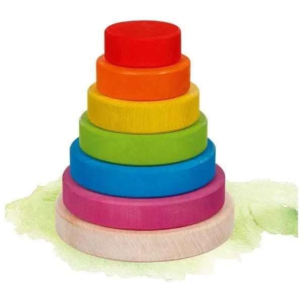 Stack of colorful wooden rings on a white background