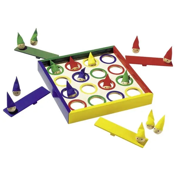 Colourful board game with small figures on a white background