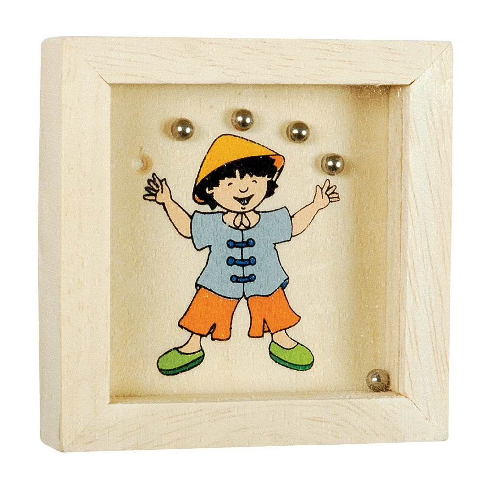 Wooden block with a colorful illustration of a child wearing a yellow hat, blue shirt, and orange shorts, set against a white background.