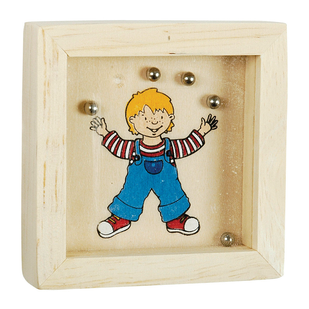 Wooden box with a colorful illustration of a child on a white background