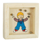 Wooden box with a colorful illustration of a child on a white background
