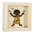 Wooden toy with a colorful illustration of a child in a yellow dress on a white background