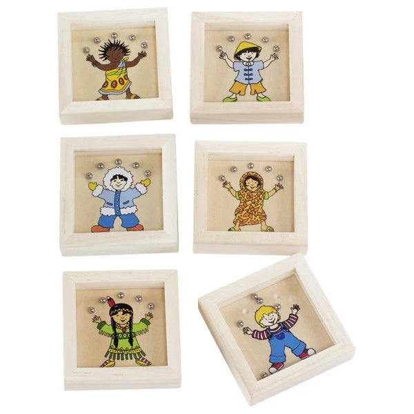 Set of six small wooden games with colourful illustrations of children on a white background