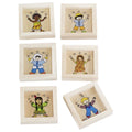 Set of six small wooden games with colourful illustrations of children on a white background