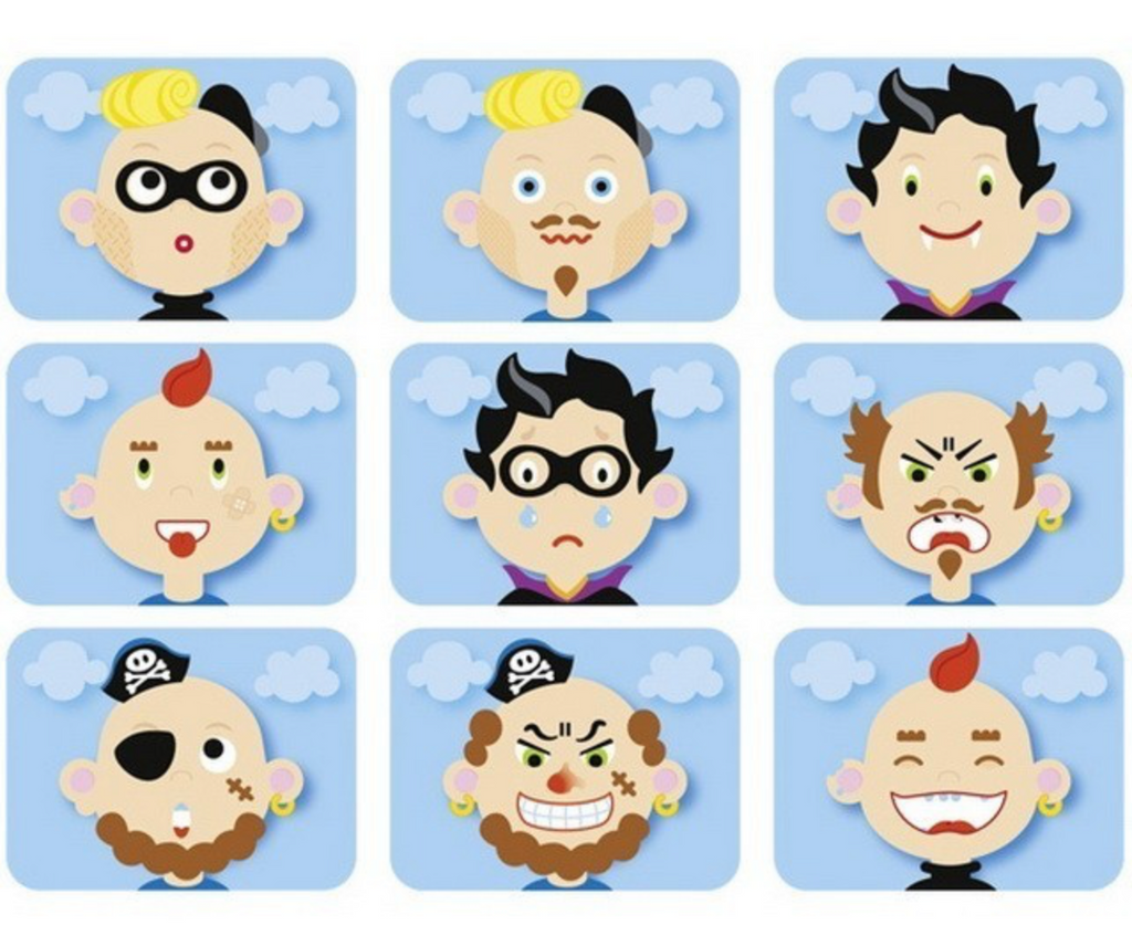 Nine cartoon character faces with different hairstyles and expressions on a blue background.