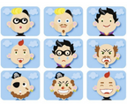 Nine cartoon character faces with different hairstyles and expressions on a blue background.
