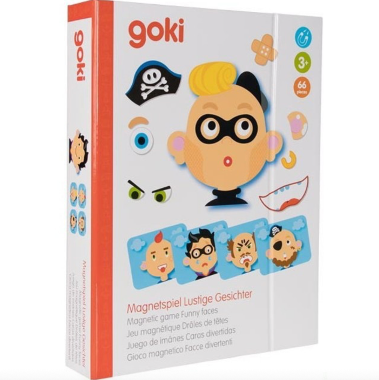 Goki magnetic game packaging with cartoon faces and accessories on a white background