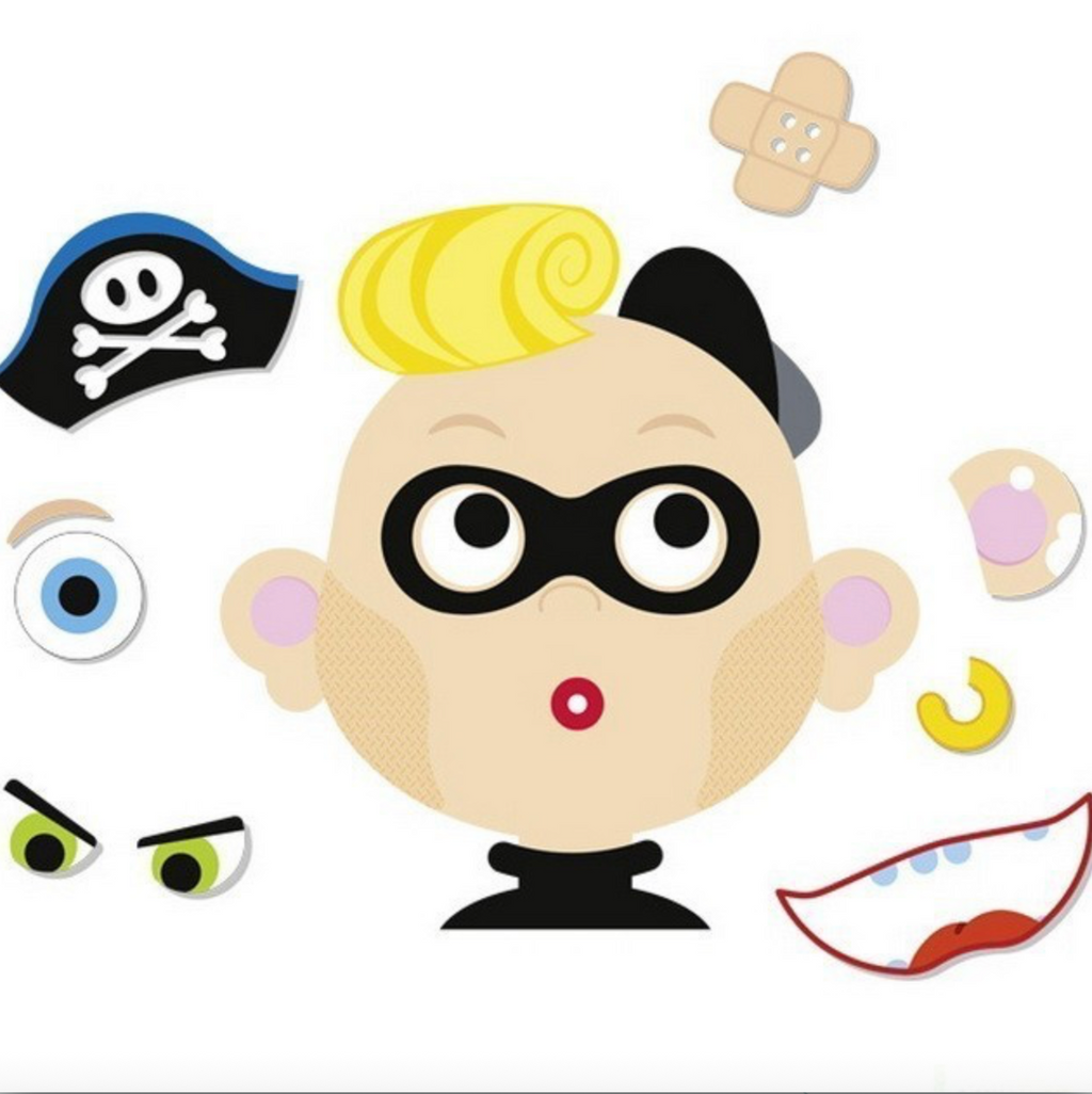 Cartoon character with customizable face parts on a white background