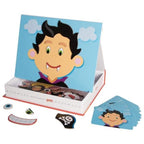 Children's toy set with character face pieces and box on a white background