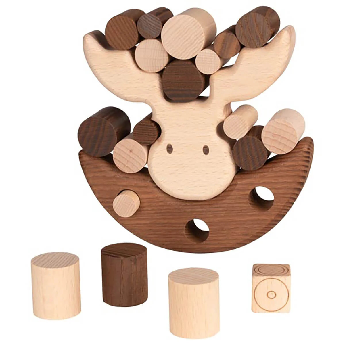 Wooden moose shape sorter toy with detachable blocks on a white background