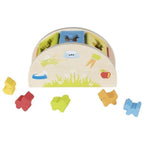 Children's shape sorting toy with colorful animal shapes on a white background