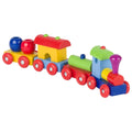 Colorful toy train set on a white background