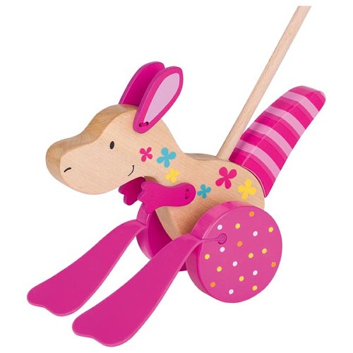 Wooden pull toy kangaroo with pink outfit on a white background