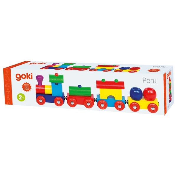 Colorful wooden toy train set in a Goki packaging on a white background