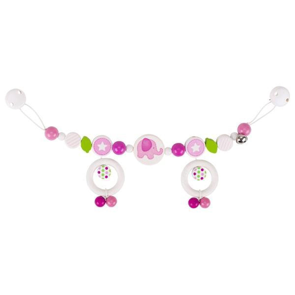 Baby teething necklace with colorful beads and elephant design on a white background