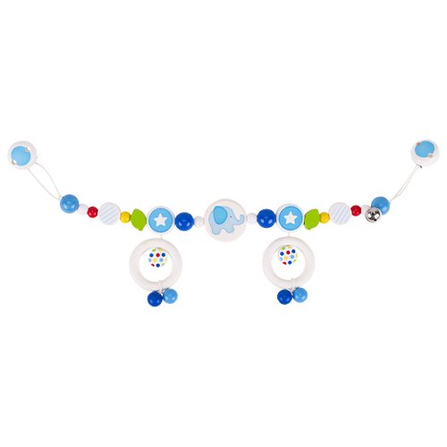 Colorful baby teething toy with various shapes and patterns on a white background
